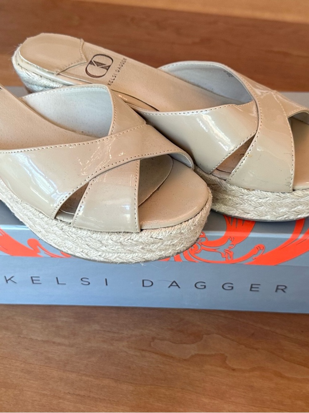 Kelsi Dagger Beige Patent Espadrille Wedge Slides